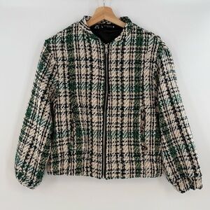 Zara Plaid Textured Tweed Bomber Green Black Tan Size X-Small